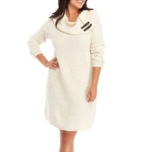 Sandra Darren Oversized Turtle Neck Cable Knit Ivory Sweater Dress